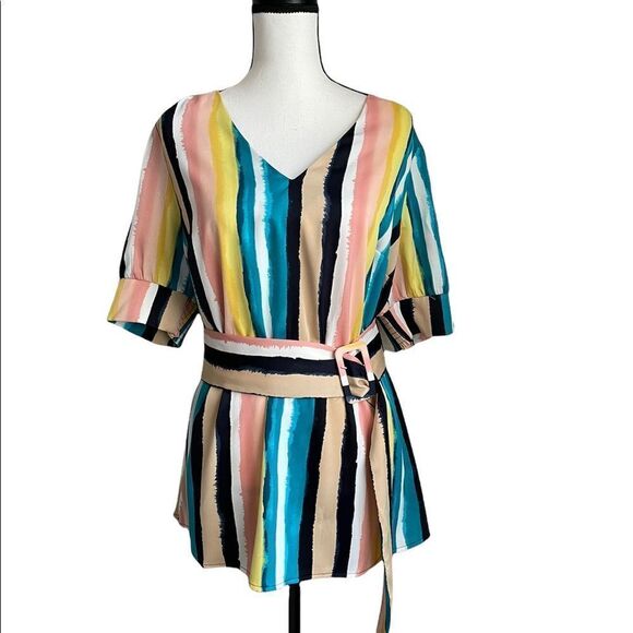 NWOT Lane Bryant Hampton Striped Satin Top Belted - Picture 7 of 9